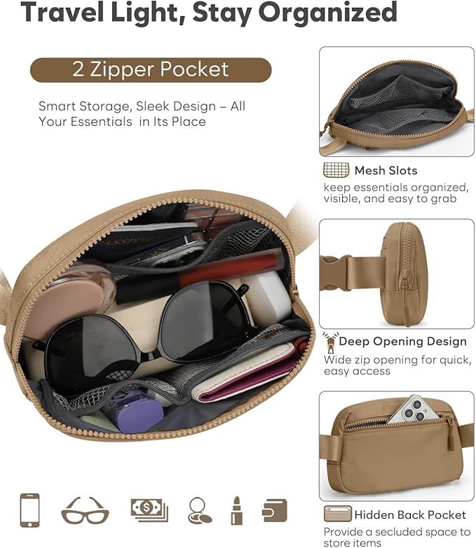 Pritent Fanny Packs for Women Cross Body Bag Waterproof Belt Bag with Adjustable Strap and Zipper Back Pocket Small Crossbody Bags Fashion Waist Packs for Workout Travelling(Khaki, Large)