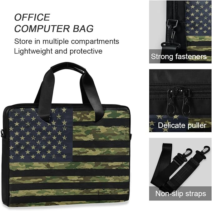 American Flag with Camouflage Grunge Laptop Bag Case 13 14 15.6 inch Laptop Messenger Bag Crossbody Briefcase for Men Women with Shoulder Strap Handle