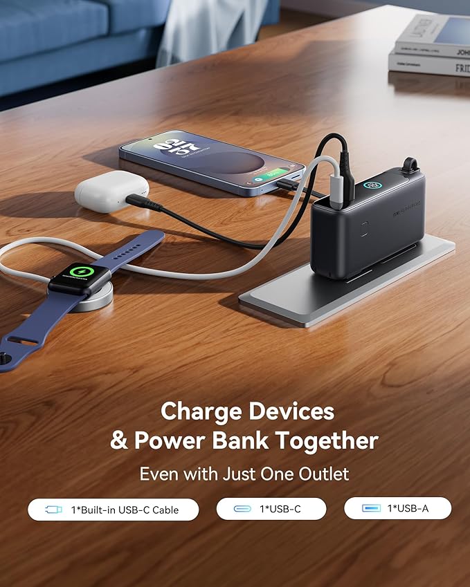 INIU Portable Charger, 10000mAh 30W Fast Charging Power Bank, Built-in USB C Cable and Foldable AC Plug, Travel Essentials Battery Pack for iPhone 16 15, Samsung S25 S24, MacBook