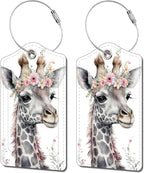 2 Pack Luggage Tag for Suitcase, Cute Unique Leather Bag Tags Identifiers Privacy Cover ID Label with Durable Steel Loop for Women Men Kids Girls Travel，GiraffeE