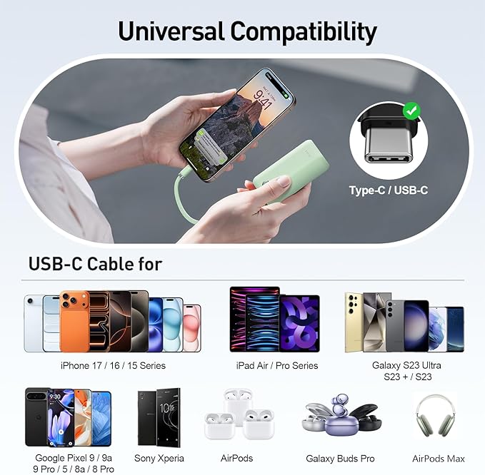 iWALK Mini Portable Charger 10,000mAh, 22.5W USB-C Fast Charging Power Bank with Built-in Cable, Travel Essential Ultra-Small Battery Pack Compatible for iPhone 17/16/16 Pro/15, Samsung, Google, Green
