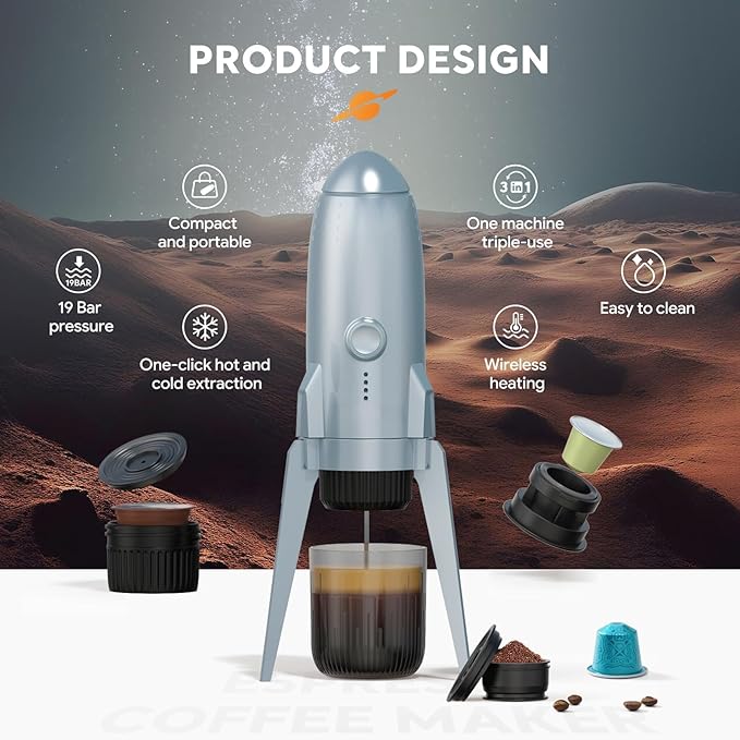 Portable Electric Espresso Machine Travel Coffee Maker for Camping 3 in 1 Self-Heating for Ground Coffee & DG NS Capsule Pods For Travel Camping and Hiking (Bright White)
