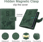 Personalized S Passport Holder Cover Initial Letter Travel Wallet RFID Blocking Passport Cover Credit Card Holder Case Passport Book Holders for Women and Men, Pine Green-S