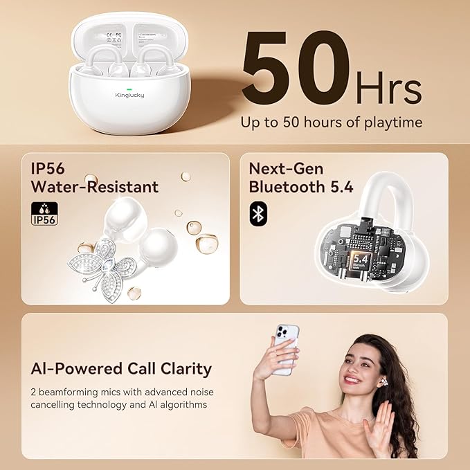 Kinglucky Jewelry-Inspired Clip-On Earbuds with Butterfly Earrings, Comfortable Fit & 50H Playtime Open Ear Bluetooth 5.4 Wireless Headphones for Women, Small Ears, Sports & Workouts (White)