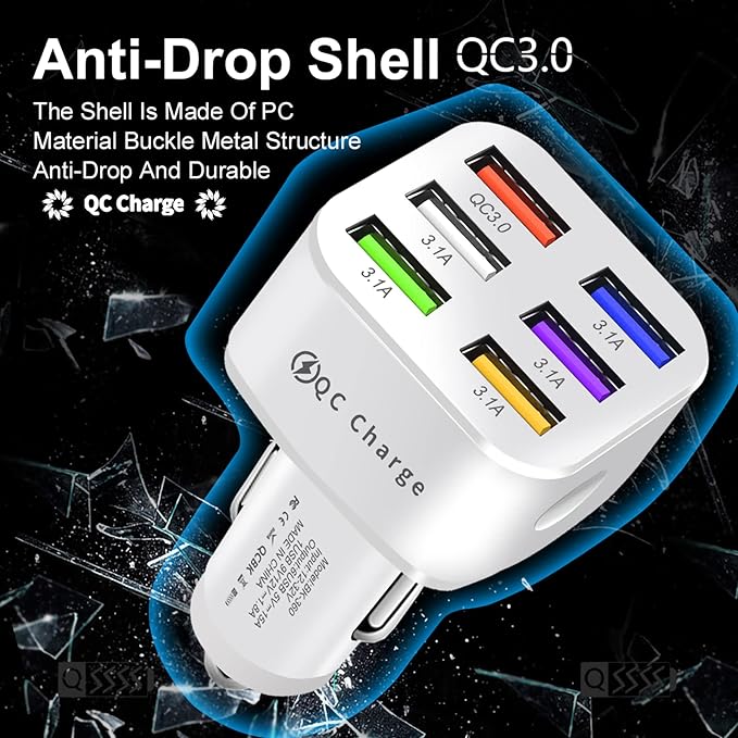 Amiss Car Charger Adapter, 6 USB Multi Port, Fast Charger, Include QC 3.0 and 5 Other Ports, Car Interior Accessories, Fit for iPhone 17/16/15/14/13Pro Max, Samsung, Android (White 1pc)