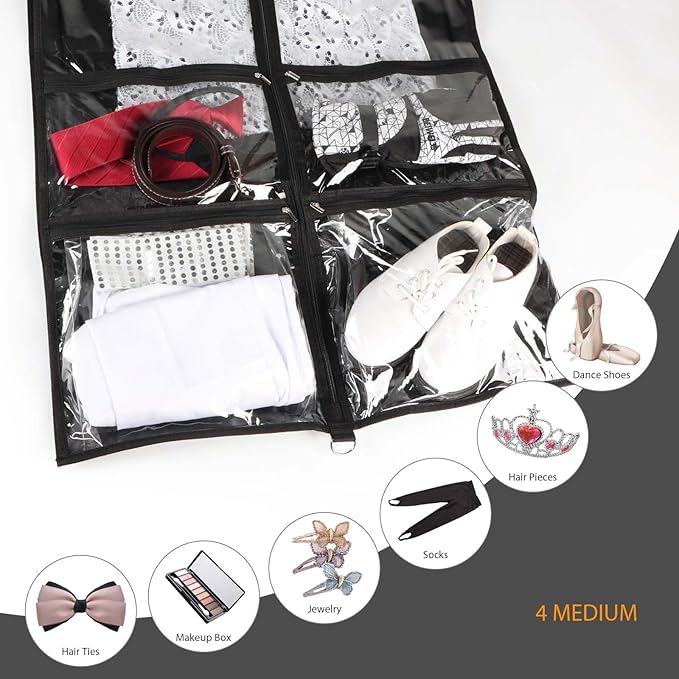 Syeeiex 3" Gusseted Clear Dance Costume Garment Bag, 40'' Dance Garment Bags for Dancers with 4 Zippered Pocket & Can Hold 1-3 Dance Costumes - Suitable for Dance Competitions, Ballet(Black, 2 Pack)