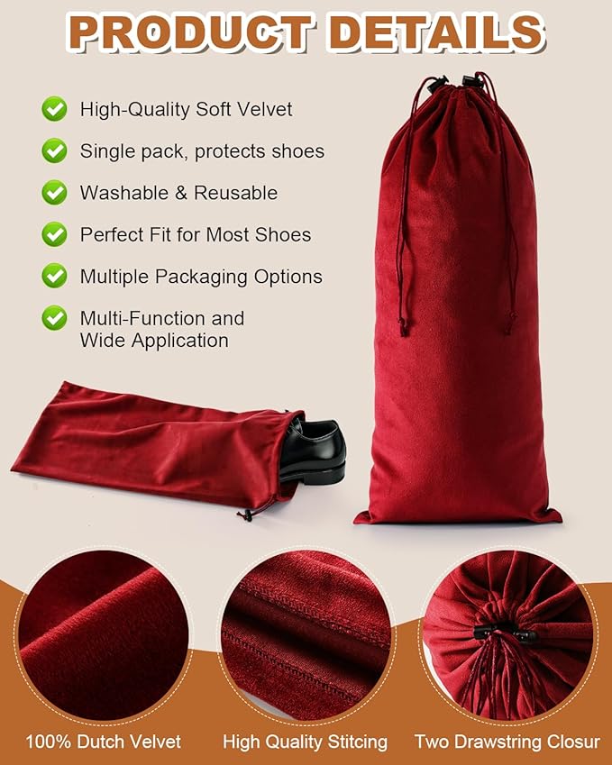 4 Pcs Single Shoe Bags for Travel, 17.3"x8.6" Washable Travel Shoe Bags for Packing in Suitcase, Velvet Dust Bag with Drawstring, Shoe Pouch for Women and Men, Travel and Home Storage (Rio Red)