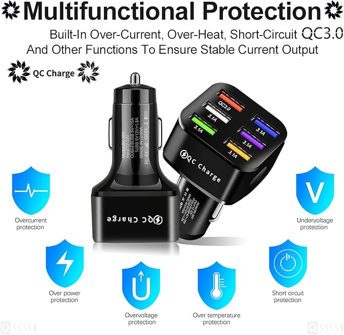 Amiss Car Charger Adapter, 6 USB Multi Port, Fast Charger, Include QC 3.0 and 5 Other Ports, Car Interior Accessories, Fit for iPhone 17/16/15/14/13Pro Max, Samsung, Android (Bright Black)