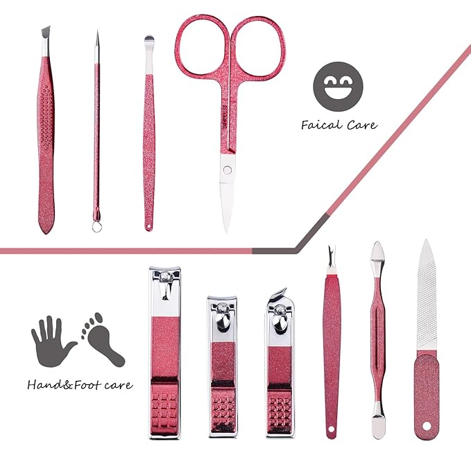 HANTEKAS Manicure Set 10 in 1 Stainless Steel, Nail Clippers Scissors Pedicure Tools Kit - Portable Travel Grooming Kit for Men and Women with Leather Case (Rose Red)