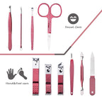 HANTEKAS Manicure Set 10 in 1 Stainless Steel, Nail Clippers Scissors Pedicure Tools Kit - Portable Travel Grooming Kit for Men and Women with Leather Case (Rose Red)