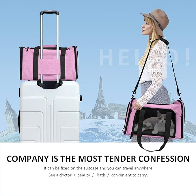 Henkelion Pet Carrier for Small Medium Cats Dogs Puppies up to 15 Lbs, TSA Airline Approved, Soft Sided, Collapsible Travel - Pink