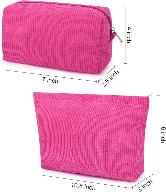 SOIDRAM 2 Pcs Corduroy Makeup Bag Large Cosmetic Bag Toiletry Bag Makeup Pouch Travel Bag Organizer Cute Makeup Brushes Aesthetic Accessories Storage Bag for Women Rose Red