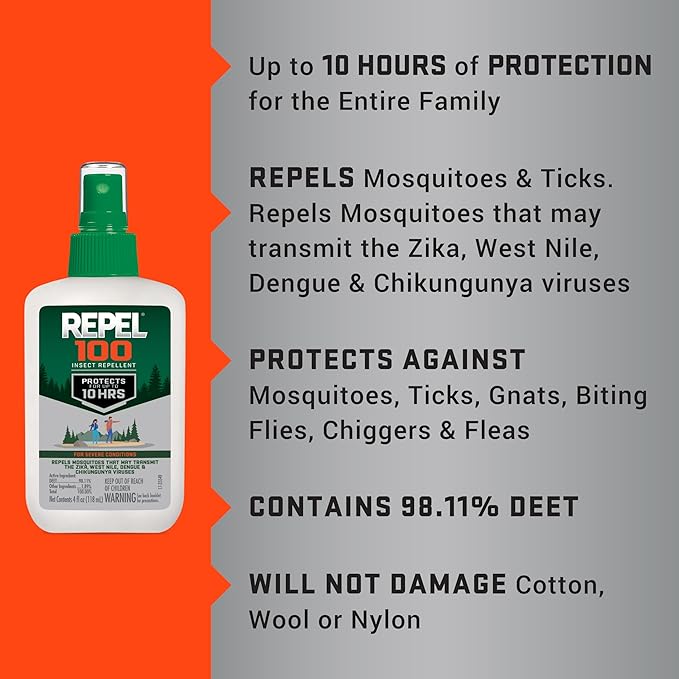 Repel 100 Insect Repellent, 4 Ounces, With DEET, 10-Hour Protection Long-Lasting Insect Repellent Pump Spray Repels Mosquitoes, Ticks, Gnats, Biting Flies, Chiggers And Fleas