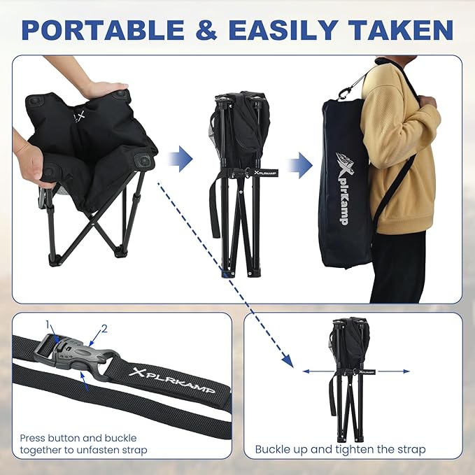 Padded Camping Stool, 18 Inch Oversized Folding Camping Foot Rest, 500lb Outdoor Camp Chair Footstool, Portable Camping Ottoman w/Storage Net, Carry Bag, for Camping Gardening (2, Black)