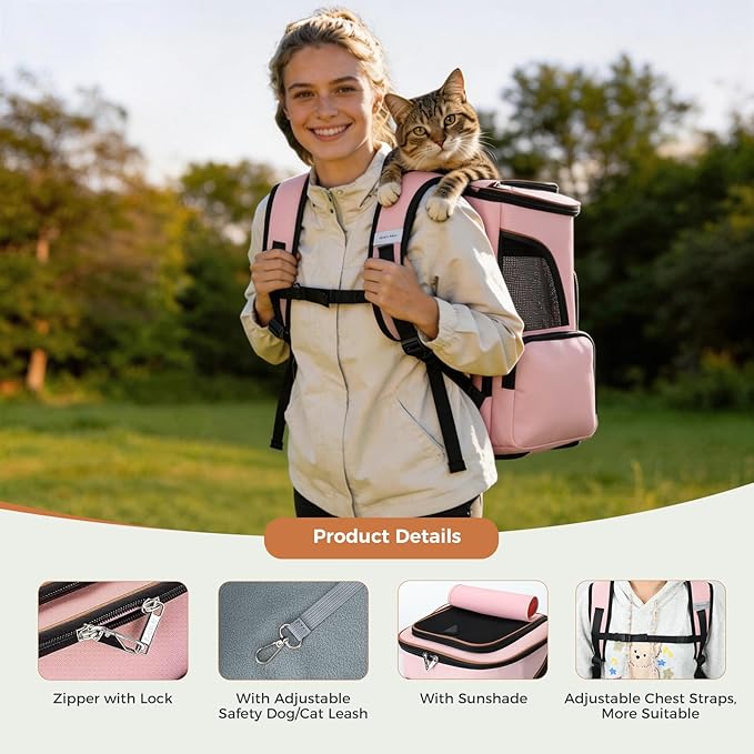Lekereise Pet Carrier Backpack Expandable Cat Backpack for Small Dogs Cats, Dog Backpack Bag with Breathable Mesh, Pink