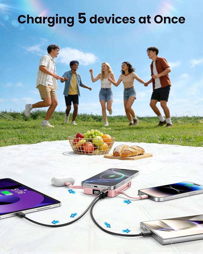Magnetic Portable Charger, Power Bank Fast Charging 22.5W 10000mAh, Portable Charger with Built in Cable, for Magsafe Battery Pack Compatible with iPhone 17/16/15/14/13/12 Pro/Pro Max, Samsung Pink