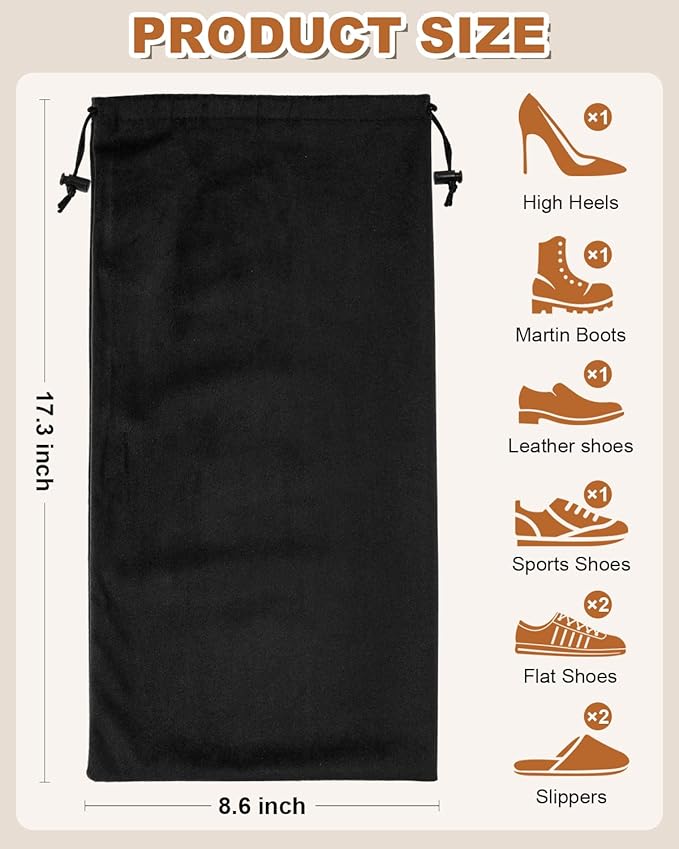 4 Pcs Single Shoe Bags for Travel, 17.3"x8.6" Washable Travel Shoe Bags for Packing in Suitcase, Velvet Dust Bag with Drawstring, Shoe Pouch for Women and Men, Travel and Home Storage (Black Beauty)