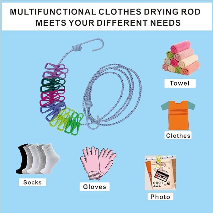 3.8M Travel Clothesline with 22 Clothes Clips, Retractable Portable Clothesline, Multifunctional Clips for for Camper Hotel Room Clothes, Books, Indoor and Outdoor, Colorful