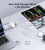 USB C Wall Charger, 100W 6-Port PD Fast USB C Charging Block,3USB C+3USB A Charging Station Hub Block Power Strip Adapter Plug Type C Cube Brick for iPhone 17/16/15/14/13/Pro Max,iPad,Samsung,Tablet