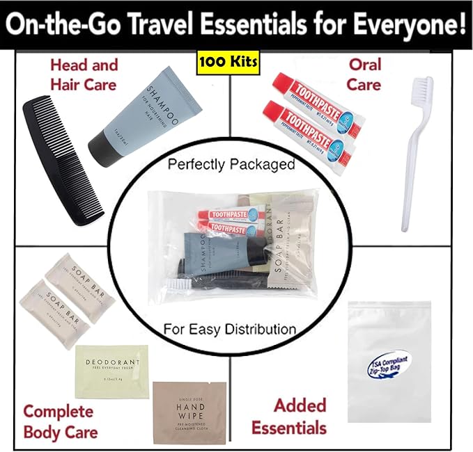 Trail maker (100 Pack) Bulk Homeless Hygiene Kits – 10-Piece Travel Size Toiletry Sets for Homeless Care, Shelters, Emergency Relief & Charity Donations
