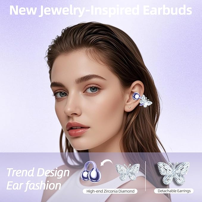 Jewelry-Inspired Clip On Earbuds,Comfortable Fit Open Ear Clip-On Headphones,Wireless Bluetooth Ear Cuff Headphones for Women,Earrings Earbuds for Running,Office,Sport&Gift (Butterfly - Purple)