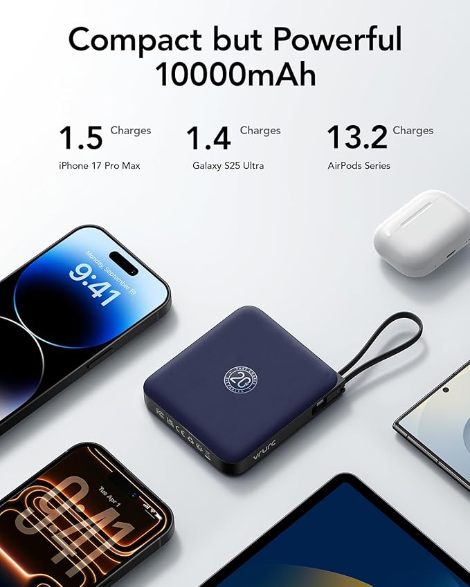 VRURC 10000mAh Portable Charger for iPhone with Built-in Cables, 22.5W Fast Charging Power Bank with LED Display, Battery Pack USB C for iPhone 17 Pro Max, Samsung S26, Travel Essentials (Royal Blue)