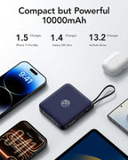 VRURC 10000mAh Portable Charger for iPhone with Built-in Cables, 22.5W Fast Charging Power Bank with LED Display, Battery Pack USB C for iPhone 17 Pro Max, Samsung S26, Travel Essentials (Royal Blue)
