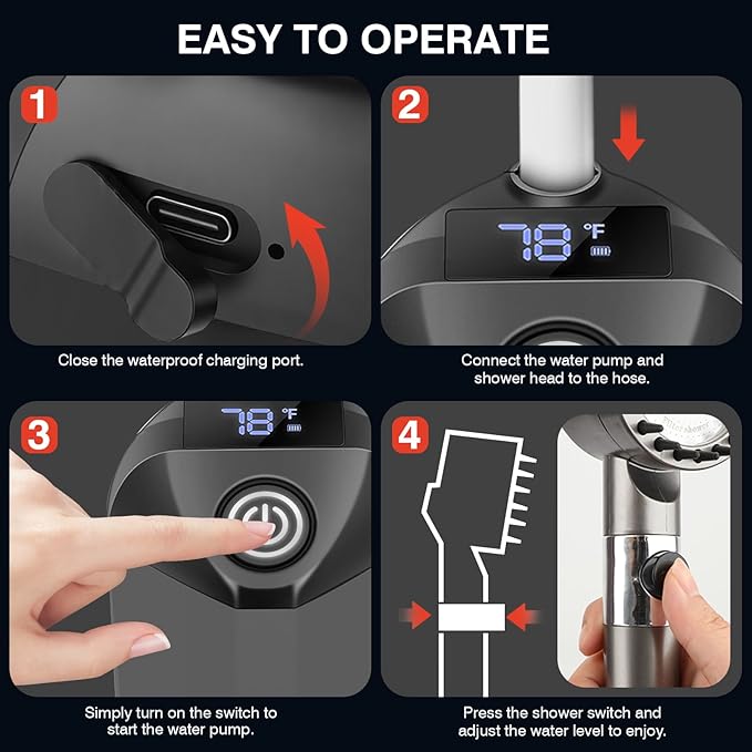 Portable Shower for Camping,7800mAh Rechargeable Camping Shower Pump,IPX8 Waterproof Outdoor Shower with LED Display and 3 Spray Modes for Hiking,Travel, Pet, Car Wash,RV Life