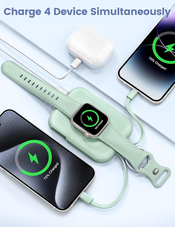 RORRY CharmGo Portable Charger, 5000mAh Portable Charger Power Bank with Built-in Cables, Travel Keychain Battery Pack for Apple Watch and iPhone Air/17/16/15/14/13/12, Green