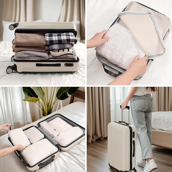 CherryNow Compression Packing Cubes, 7 Set Packing Cubes for Travel Women, Travel Essentials for Backpack, Beige