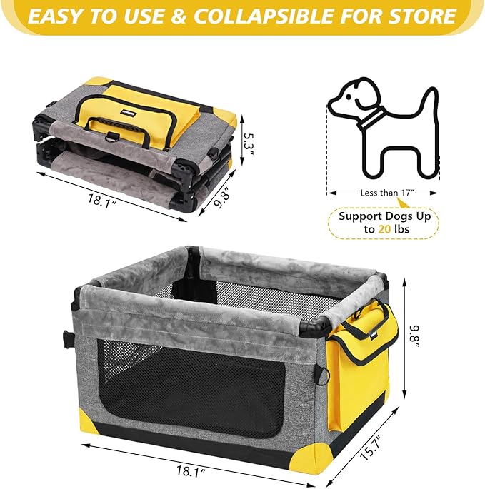 GENORTH Dog Car Seat for Small Pets Up to 20 lbs, with Storage Pocket and Dual Clip-On Safety Leash, Foldable and Washable Design