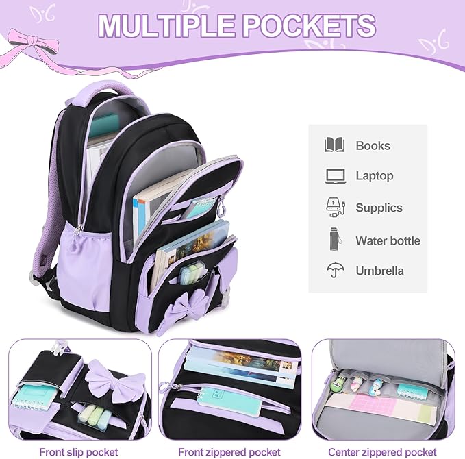 DIGOBAY Backpack for Girls, 3PCS Girls Backpack for School with Lunch Bag Pencil Case, Cute Kids Teens Bookbag for Kindergarten Elementary Preschool Middle School (Black-Purple)