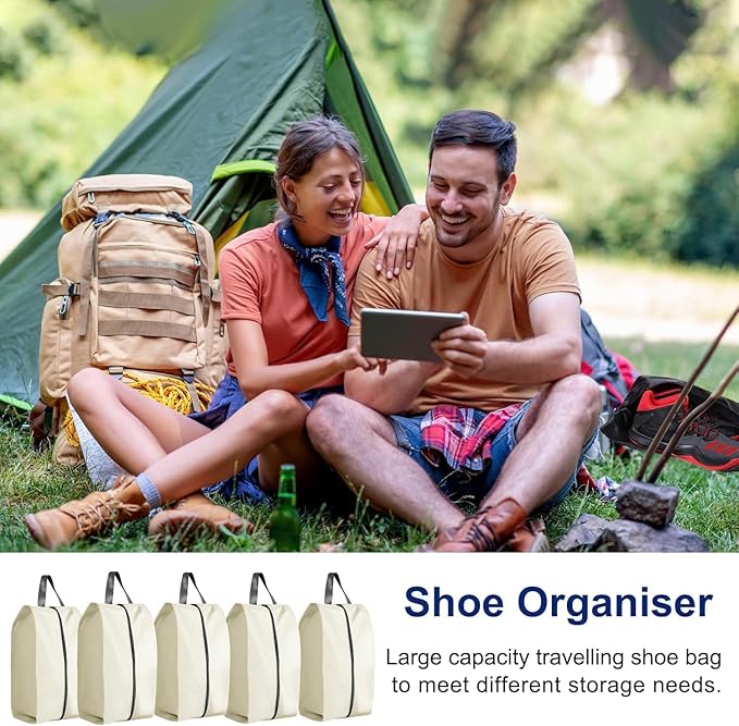 5Pcs XL Travel Shoe Bags Portable Travel Gifts Shoe Organizer with Zipper Closure, Waterproof Nylon Shoe Storage Organizer with Handle Travel Bags For Men and Women, Beige