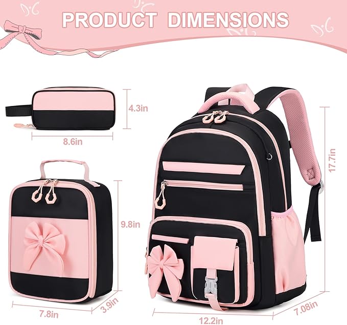 DIGOBAY Backpack for Girls, 3PCS Girls Backpack for School with Lunch Bag Pencil Case, Cute Kids Teens Bookbag for Kindergarten Elementary Preschool Middle School (Black-Pink)