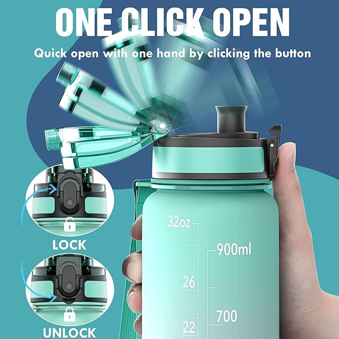 OLDLEY Water Bottle, 32oz Motivational Sports Water Bottle with Time Marker - Times to Drink - Tritan, BPA Free, Wide Mouth Leakproof, Anniversary Birthday Gifts for Men Women,Bubble Gum (1 Bottle)