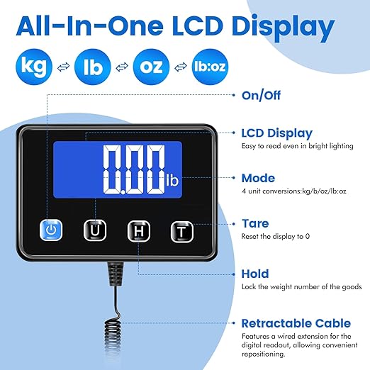 MaxWorks Digital Platform Scale 440 lb Capacity Stainless Steel Shipping Scale USB-C Rechargeable with LCD Display for Packages Luggage & Warehouse Use 51076