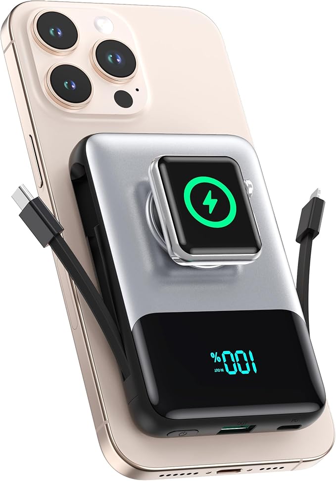 Magnetic Portable Charger for iPhone with Built-in Cable,10800mAh Wireless Power Bank for Magsafe Travel Essential,6-in-1 25W PD Fast Charging USB C Battery Pack for iPhone 17/16/15/14/13, Apple Watch