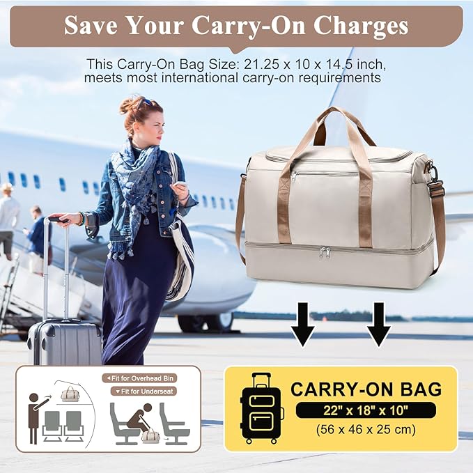 Extra Large Travel Duffle Bag,Carry on Overnight Bag with Shoes Compartment,Weekender Bags for Women for Travel Business Trips Sport Hospital,3 Pcs Set,Beige & Brown