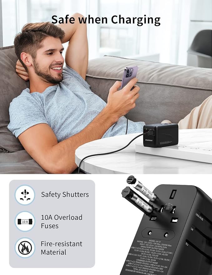 MOMAX 100W Universal Travel Adapter, 5-in-1 GaN International Power Adapter for Laptop, Phone, 2 USB-C PD & 2 USB-A QC Wall Charger, European Travel Plug Adapter for UK/US/AUS/JP, Travel Essentials