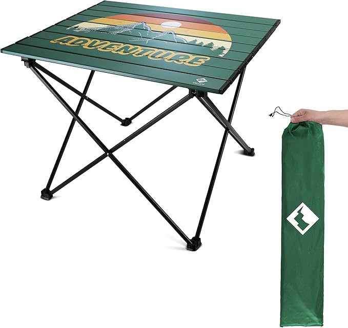 VILLEY Portable Camping Side Table, Ultralight Aluminum Folding Table with Mountain Silhouette Print and Carry Bag for Camping, Picnic, Beach, Travel