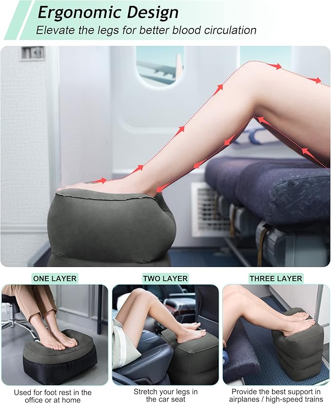 Inflatable Foot Rest Pillow, Kids Airplane Bed, Adjustable 3 Layers Height Leg Rest Pillow, Airplane Travel Essentials Great for Airplane, Office, Home, Trains, Cars