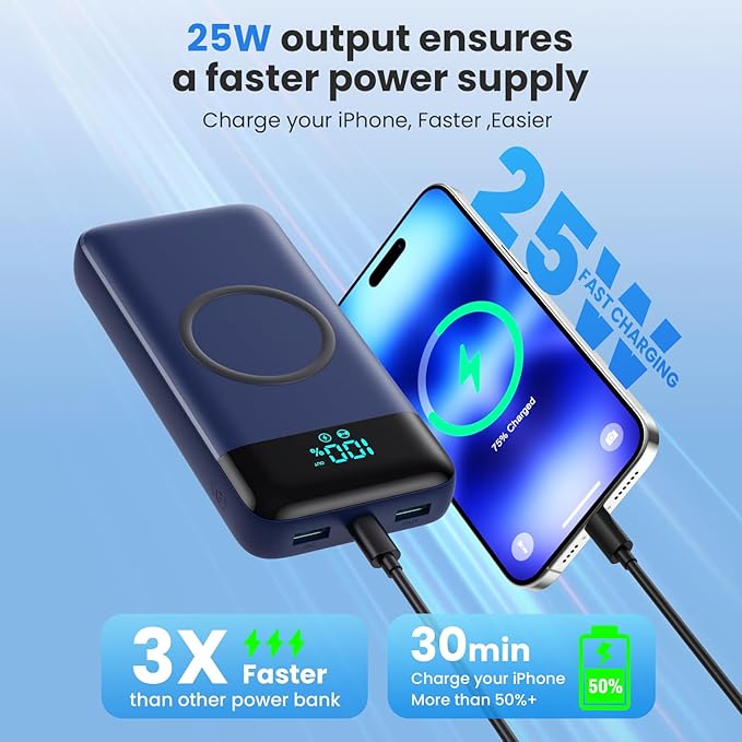 YHO Wireless Portable Charger 40800mAh for iPhone with Built-in Cables,15W Wireless Charging USB C Power Bank,25W PD Fast Charging Travel Essential Battery Pack for iPhone 17/16/15/14-Dark Blue