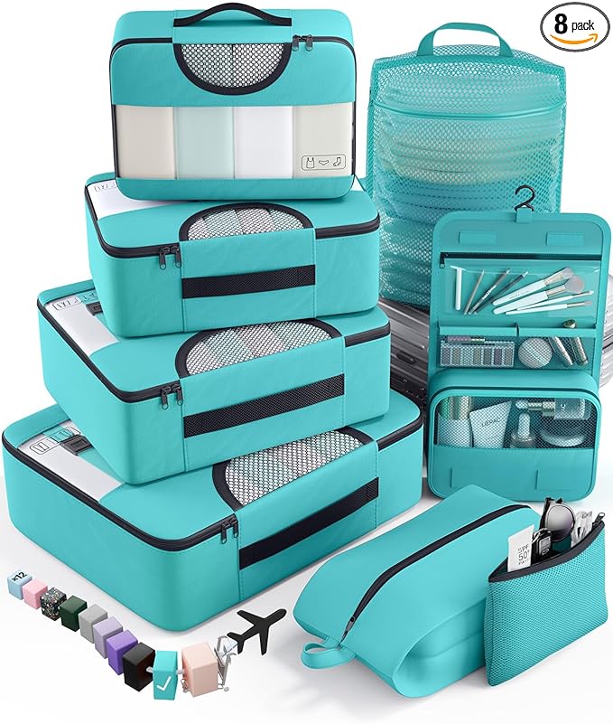Veken 8 Set Packing Cubes for Travel Essentials, Suitcase Organizer Bags in 4 Sizes, Carry-On Luggage Accessories with Large Laundry & Hanging Toiletry Bag, Must-Have for Airplane, Road Trip & Camping