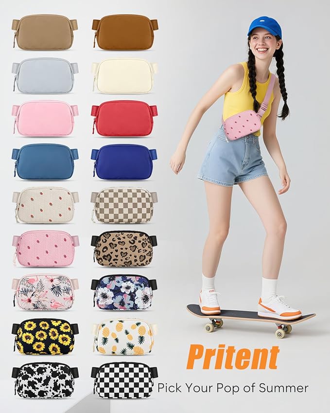 Pritent Fanny Packs for Women Cross Body Bag Waterproof Belt Bag with Adjustable Strap and Zipper Back Pocket Small Crossbody Bags Fashion Waist Packs for Workout Travelling(Strawberry Pink)
