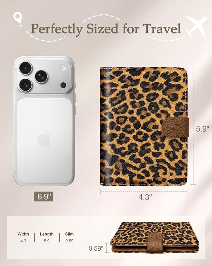 Slohif Passport Wallet Holder Cover for Travel - Women Men RFID Blocking Passport Book Case Protector, Brown Leopard Cheetah Leather Personalized Organizer Slim Carrier Boarding Pass Cards Slots