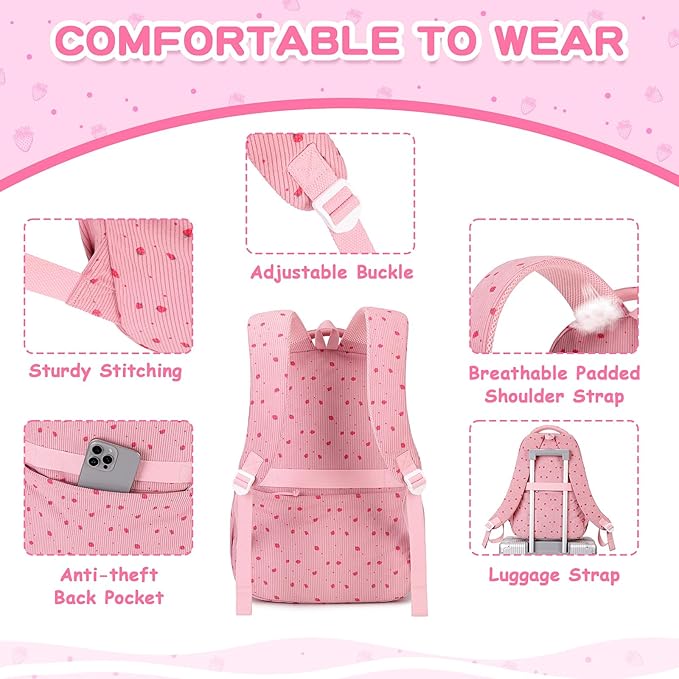 PIG PIG GIRL Corduroy Backpack Kids Backpack for Girls School Bags for Middle School Students Book Bag for Elementary Primary Kawaii Ita Backpack, Pink Strawberry