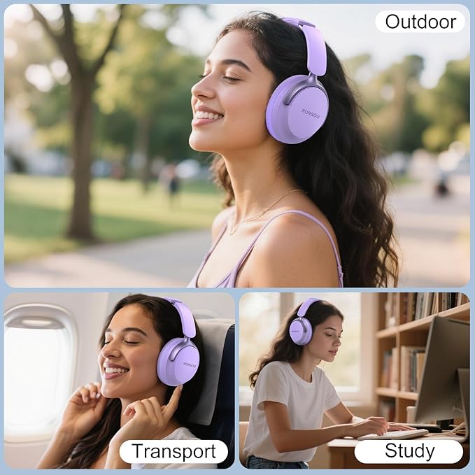 B8 Bluetooth Headphones Over Ear, 6 EQ Music Modes and 50H Playtime Deep Bass Wireless Headphones with Mic, Lightweight Folding HiFi Stereo Headset for iPad/Travel/Tablet/PC/Home Purple