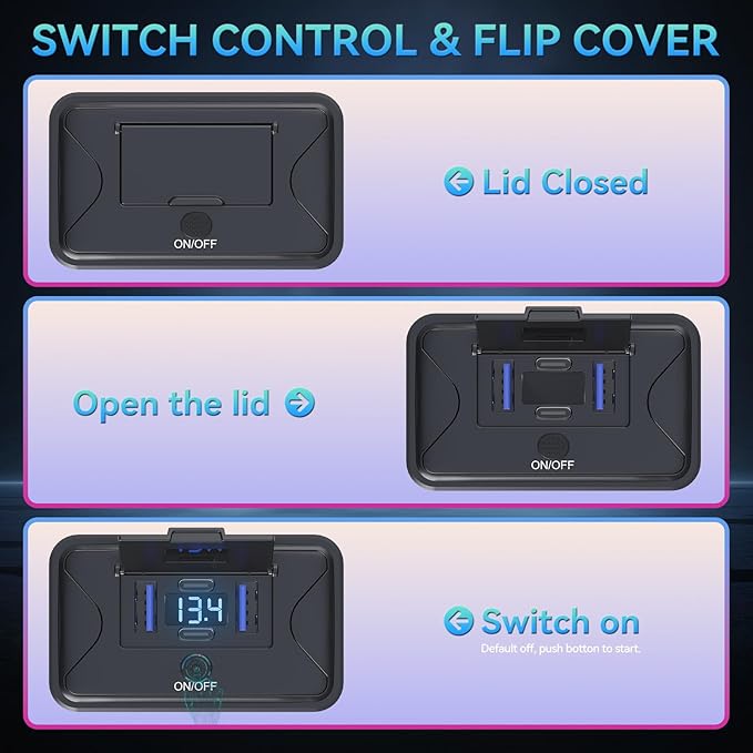 4PCS Gibbab 108W 4 Ports 12V RV USB Switch Outlet Voltmeter, 2*36W PD3.0 Type-C + 2*18W QC3.0 Quick Charge Panel Wall Mount Car Charger Socket Waterproof Multi-Port Adapter for Bus Marine Truck Boat