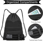 seyfocnia Drawstring Backpack Tactical String Bag with Zipper Pockets Waterproof Cinch Bag Sport Gym Sackpack - Black
