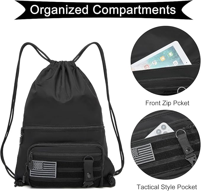 seyfocnia Drawstring Backpack Tactical String Bag with Zipper Pockets Waterproof Cinch Bag Sport Gym Sackpack - Black